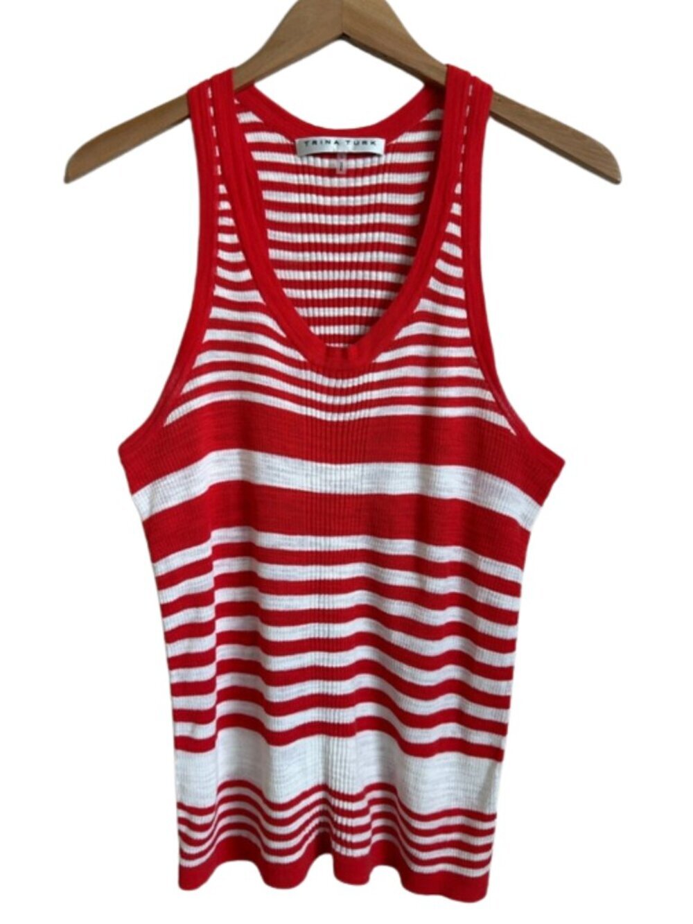 Trina Turk Star Tank Top L Red White Striped Ribbed Knit Racerback Nautical